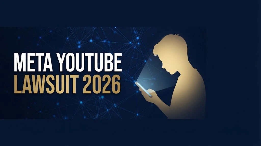 Meta YouTube Lawsuit 2026 hero banner with digital network background and teen silhouette in navy and gold