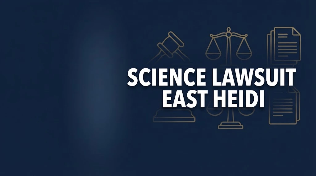 Science lawsuit east heidi hero banner with legal gavel and scales of justice icons on navy background