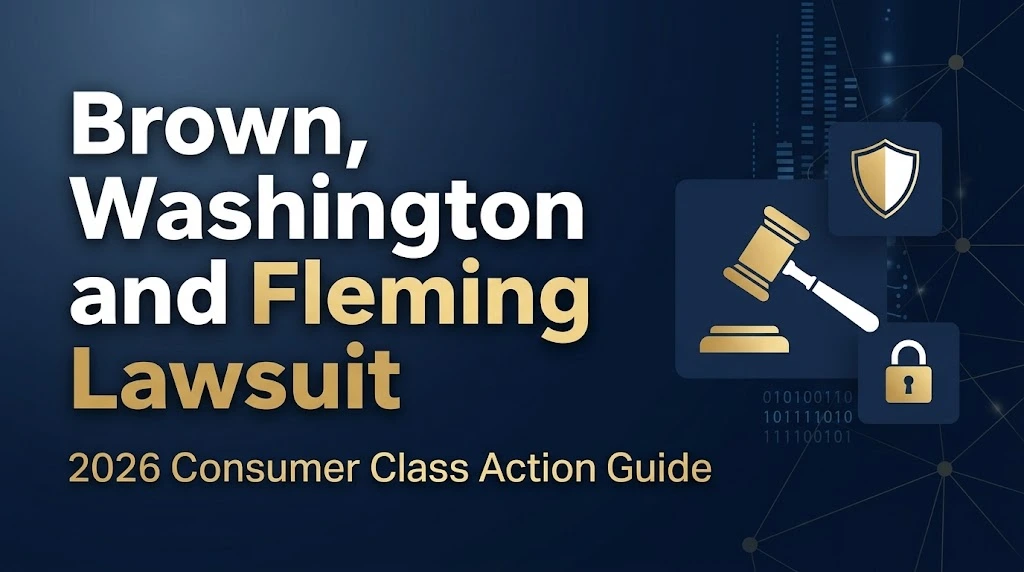 Brown, Washington and Fleming lawsuit hero banner with navy background, gold gavel icon, and 2026 class action guide title text