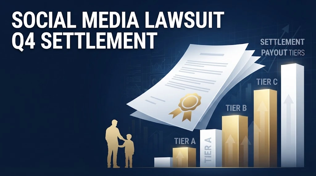 Social media lawsuit Q4 settlement graphic with payout chart and legal document icons