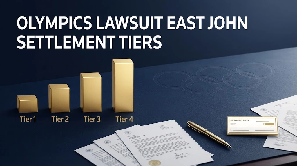 Olympics lawsuit East John settlement tiers graphic with payout bars and legal documents on navy desk
