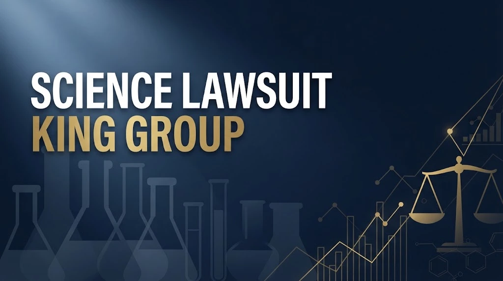 Science lawsuit King Group hero banner with legal and laboratory themed navy and gold design