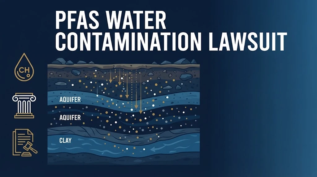 PFAS water contamination lawsuit graphic showing underground water layers and legal icons in navy and gold
