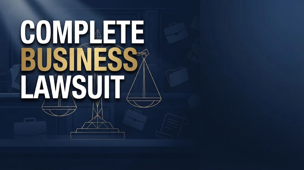 Complete business lawsuit guide banner with gold scales of justice on deep navy background