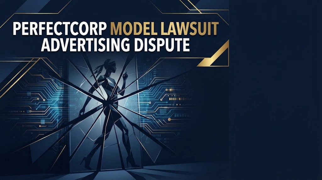 perfectcorp model lawsuit advertising dispute hero banner with fractured digital mirror and AI circuit patterns