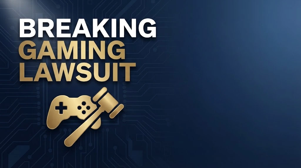 Breaking gaming lawsuit hero banner with navy background, gold gavel and controller icon, and bold headline text