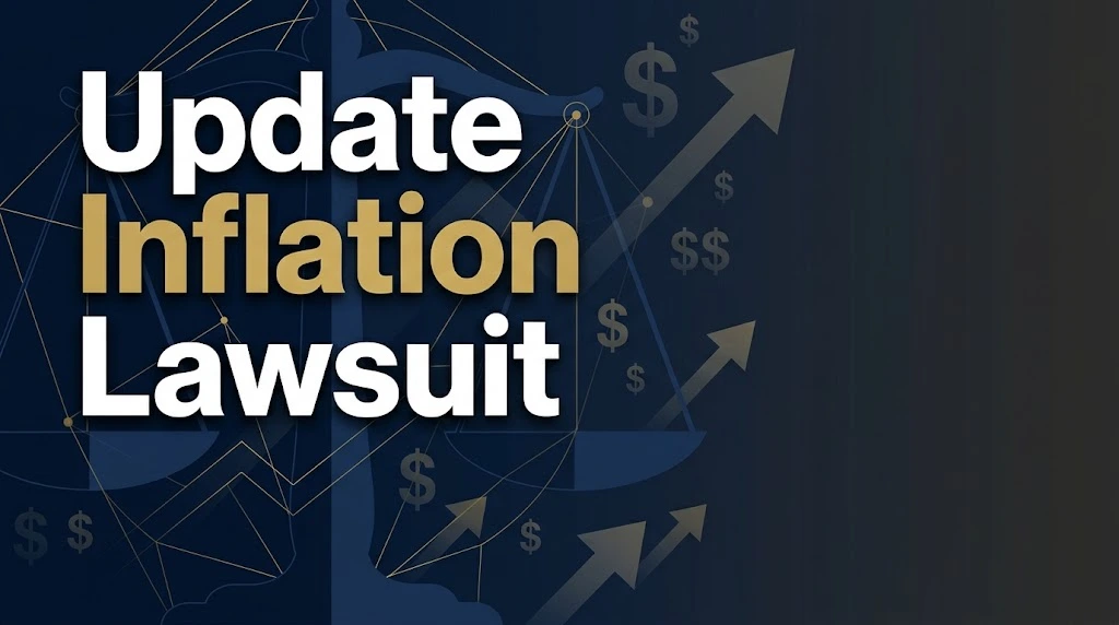 Update Inflation Lawsuit hero banner with scales of justice icon on deep navy background with gold accents