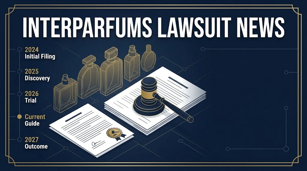 interparfums lawsuit news supporting graphic with legal documents and perfume bottle silhouettes on navy