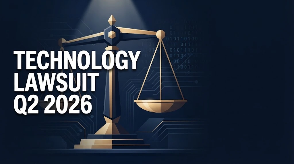 Technology lawsuit Q2 2026 hero banner with scales of justice and digital circuit patterns in navy and gold