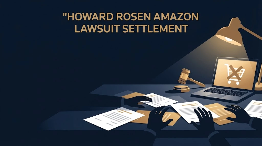Howard Rosen Amazon Lawsuit settlement graphic with legal documents and gavel on navy desk