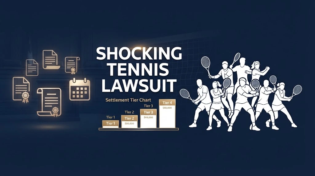 shocking tennis lawsuit settlement infographic with player silhouettes and legal document icons on navy background