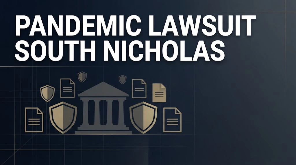 Pandemic lawsuit south nicholas hero banner with courthouse silhouette and gold legal icons on navy background