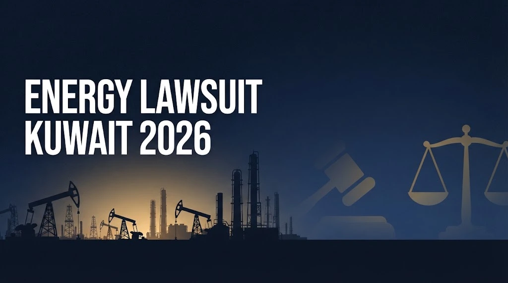 Energy lawsuit Kuwait 2026 hero banner with oil refinery silhouettes and legal symbols in navy and gold