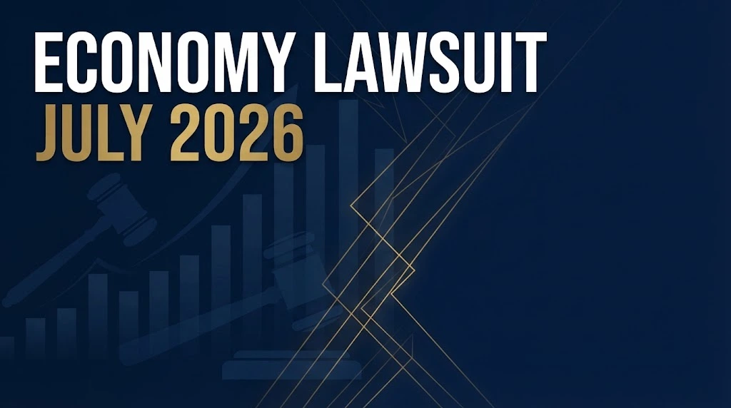 Economy lawsuit July 2026 hero banner with gavel silhouettes and financial charts on navy background