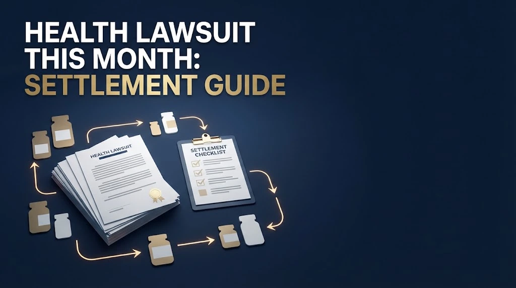 Health lawsuit this month settlement guide graphic with legal documents and checklist on navy background
