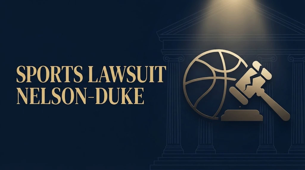 Sports lawsuit Nelson-Duke 2026 case banner with gavel and basketball on navy background.

