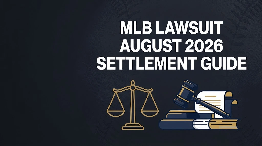 MLB Lawsuit August 2026 settlement guide graphic with gavel, legal documents, and scales of justice in navy and gold