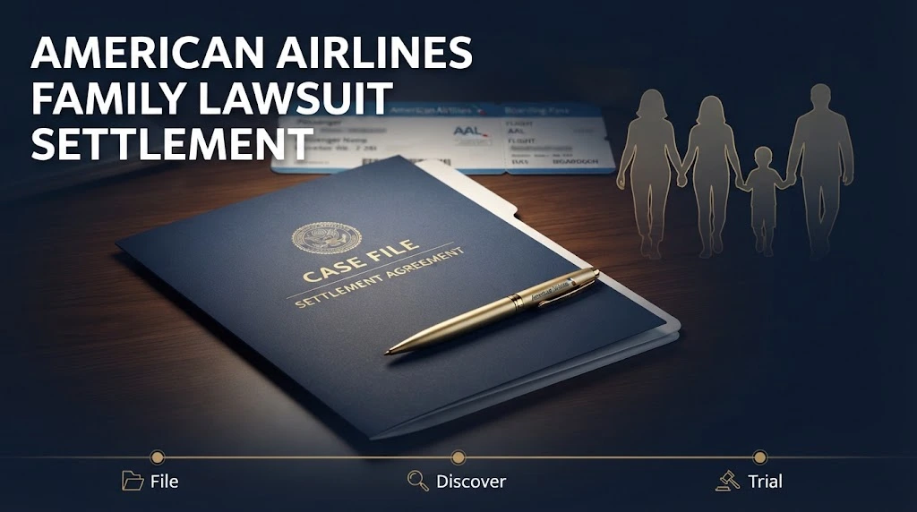 Supporting graphic with the text "American Airlines Family Lawsuit Settlement" over courtroom documents and a gold timeline.