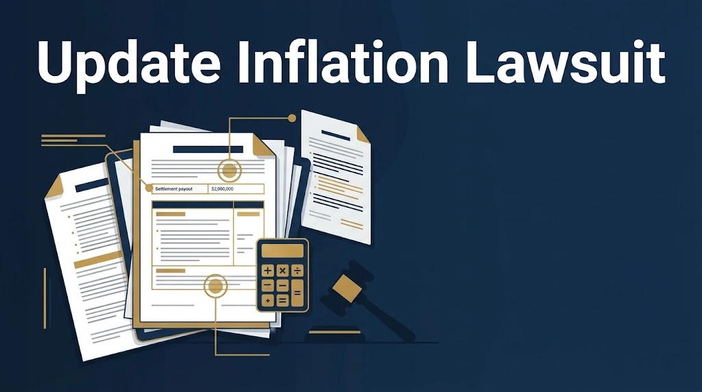 Update Inflation Lawsuit supporting graphic with legal documents and calculator icons on navy background