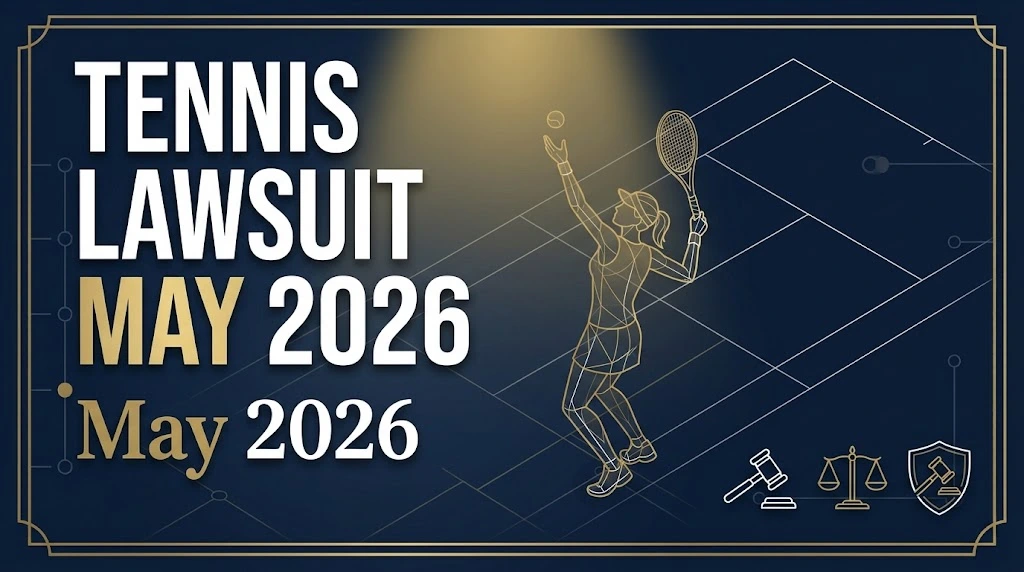 Tennis Lawsuit May 2026 hero banner with navy background, gold headline text, and stylized tennis player silhouette