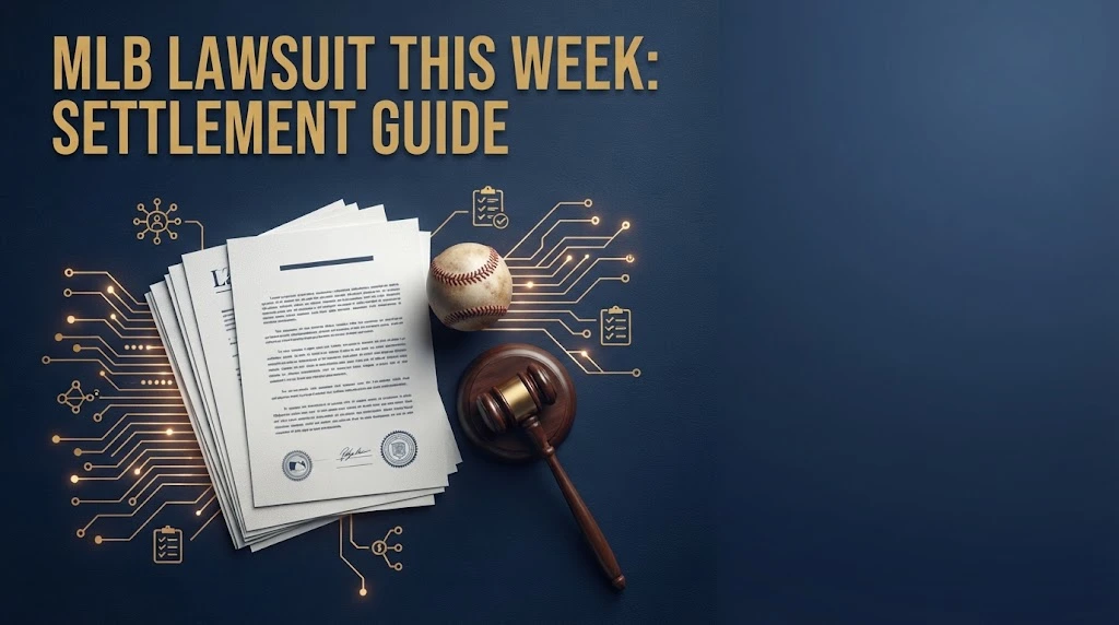 MLB lawsuit this week settlement guide graphic with legal documents and baseball on navy background