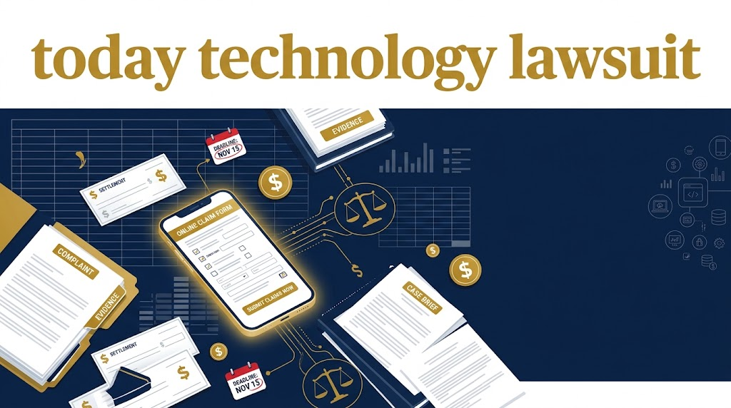 Stylized settlement documents and claim form graphic with today technology lawsuit headline in gold on navy background