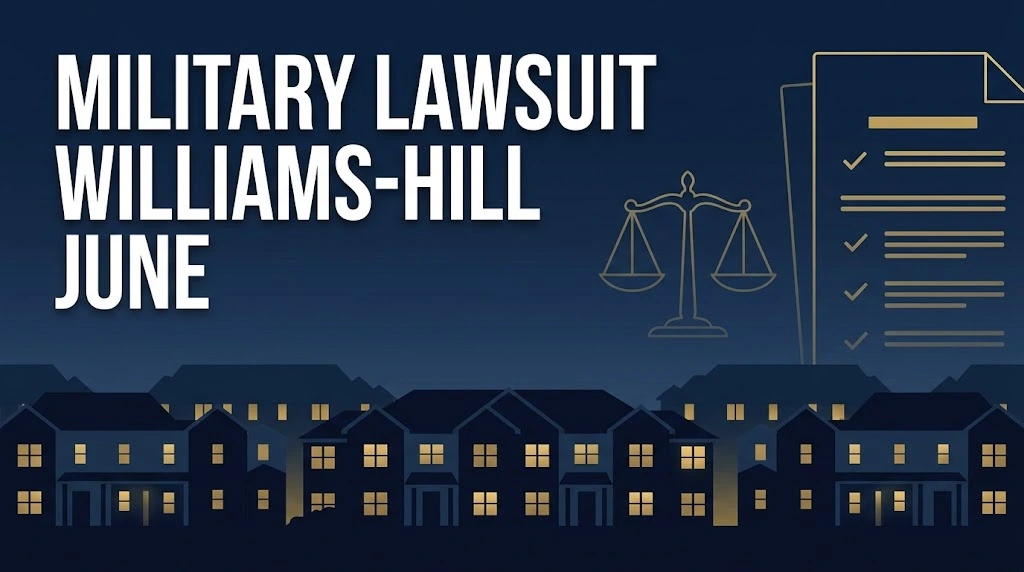 Military lawsuit Williams-Hill June hero banner with navy military housing silhouette and gold legal accents
