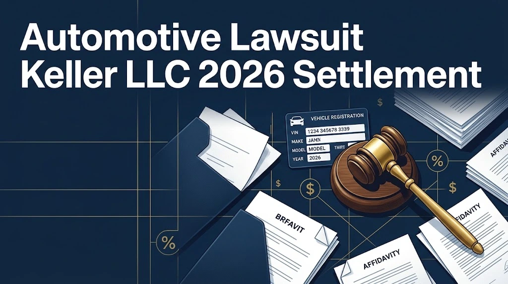 Automotive lawsuit Keller LLC 2026 settlement graphic with legal documents and gold gavel on navy background