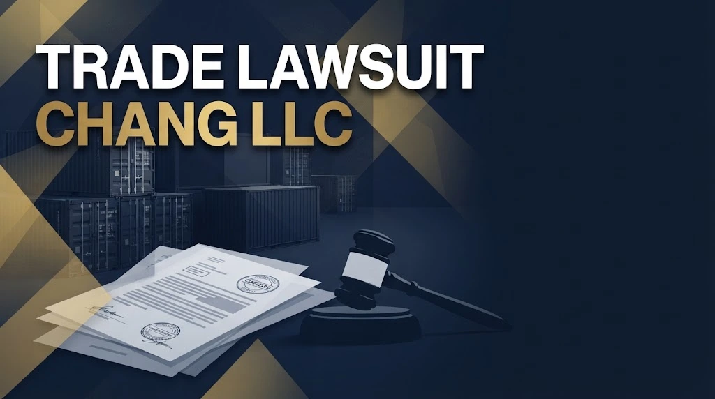 trade lawsuit chang llc hero banner with navy and gold legal trade theme and gavel silhouette
