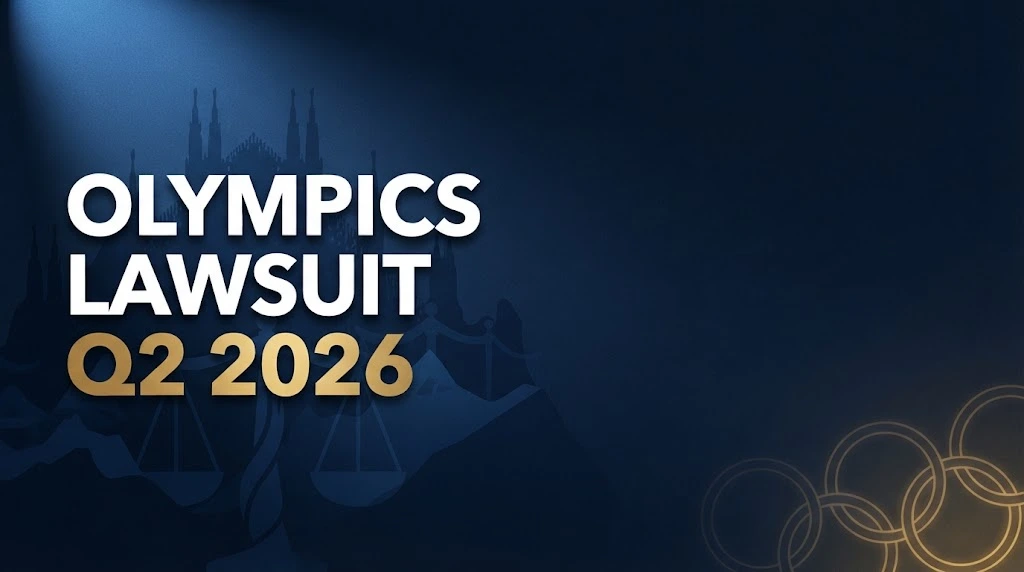 Olympics lawsuit Q2 2026 hero banner with legal scales and Milan-Cortina mountain silhouette in navy and gold