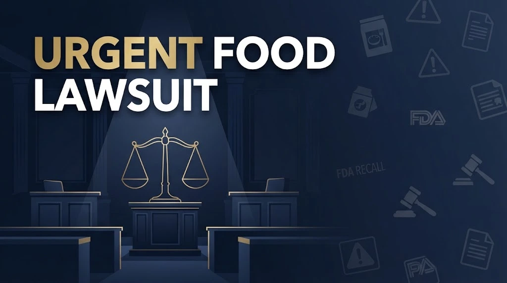 urgent food lawsuit hero banner with legal scales and food safety icons on navy background