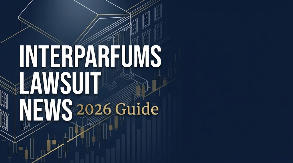 interparfums lawsuit news hero banner with courthouse and stock chart graphics on navy background