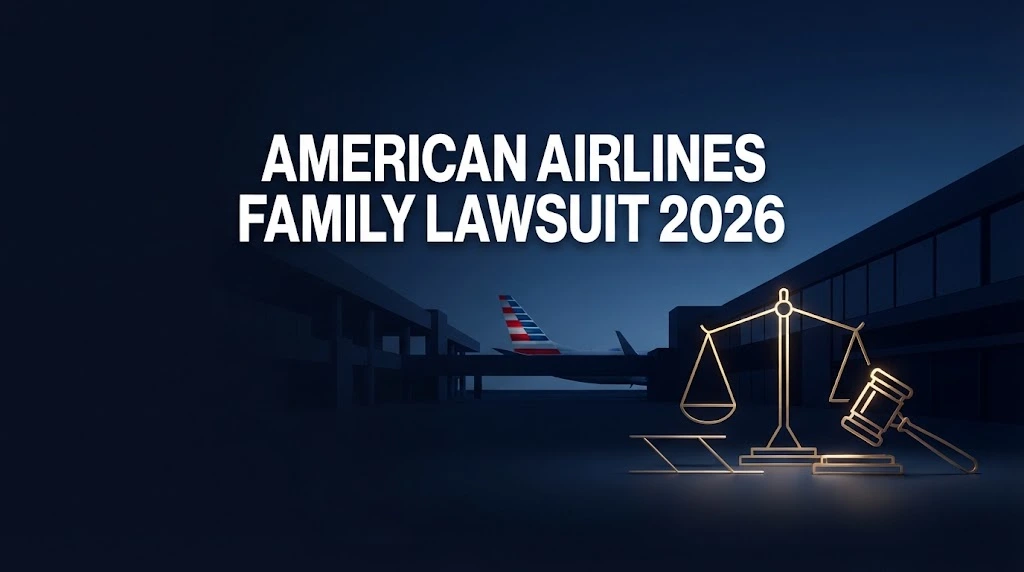Editorial hero banner with bold text "American Airlines Family Lawsuit 2026" over a navy airport and legal scales design.