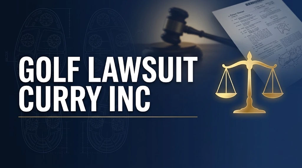 Golf lawsuit Curry Inc hero banner with scales of justice and golf shoe sole blueprint on navy background