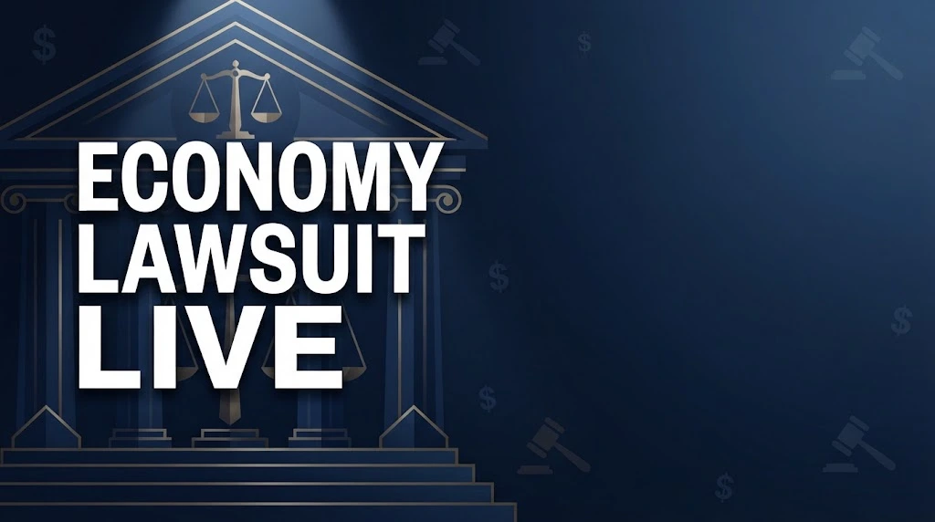 economy lawsuit live headline over navy courthouse graphic with gold legal symbols