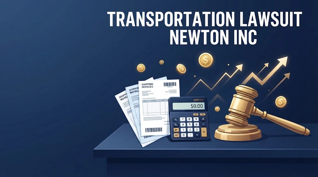 Settlement graphic for transportation lawsuit newton inc showing invoices, gavel, and payout icons on navy background