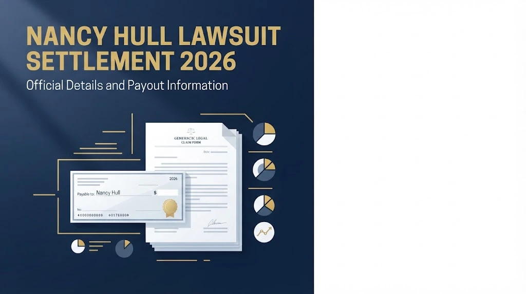 Nancy Hull Lawsuit settlement graphic with claim form and check illustration on navy background