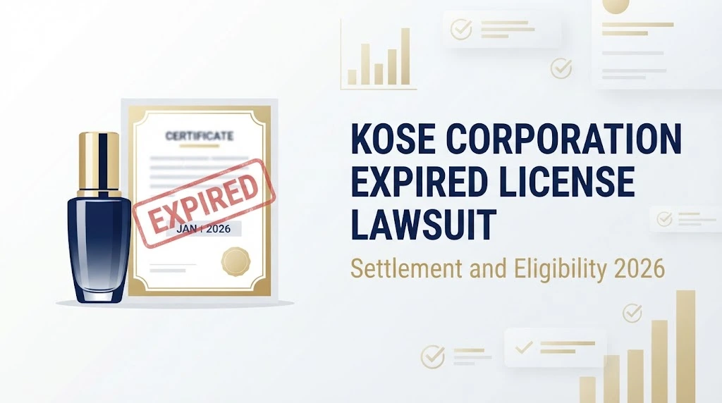 kose corporation expired license lawsuit settlement graphic with cosmetics and expired certificate illustration