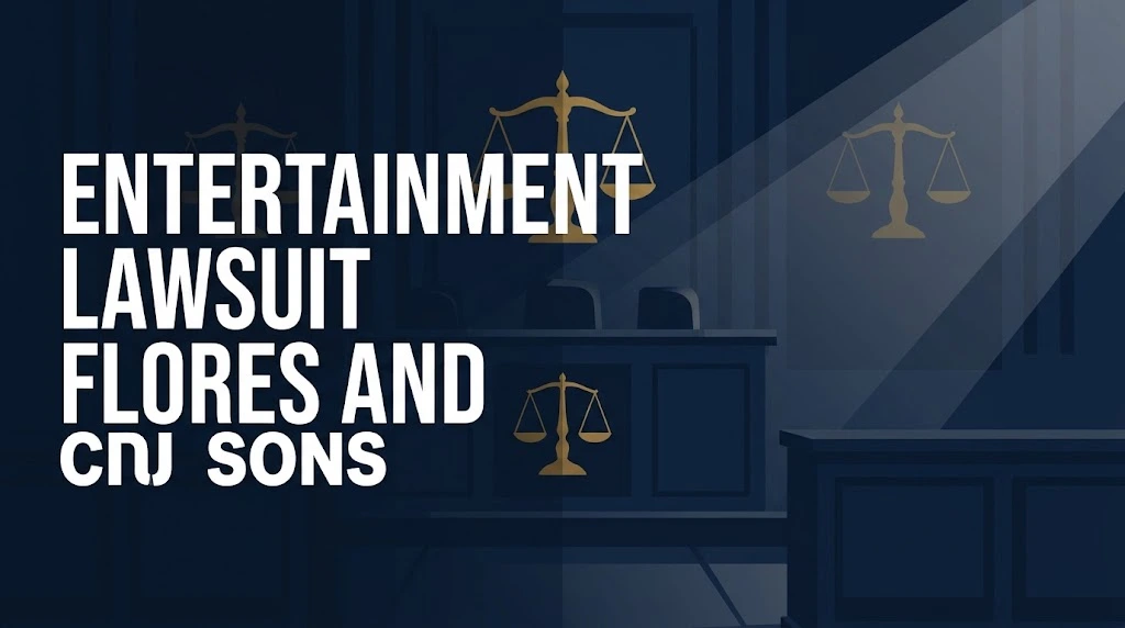 Entertainment lawsuit Flores and Sons hero banner with gold scales of justice on dark navy background