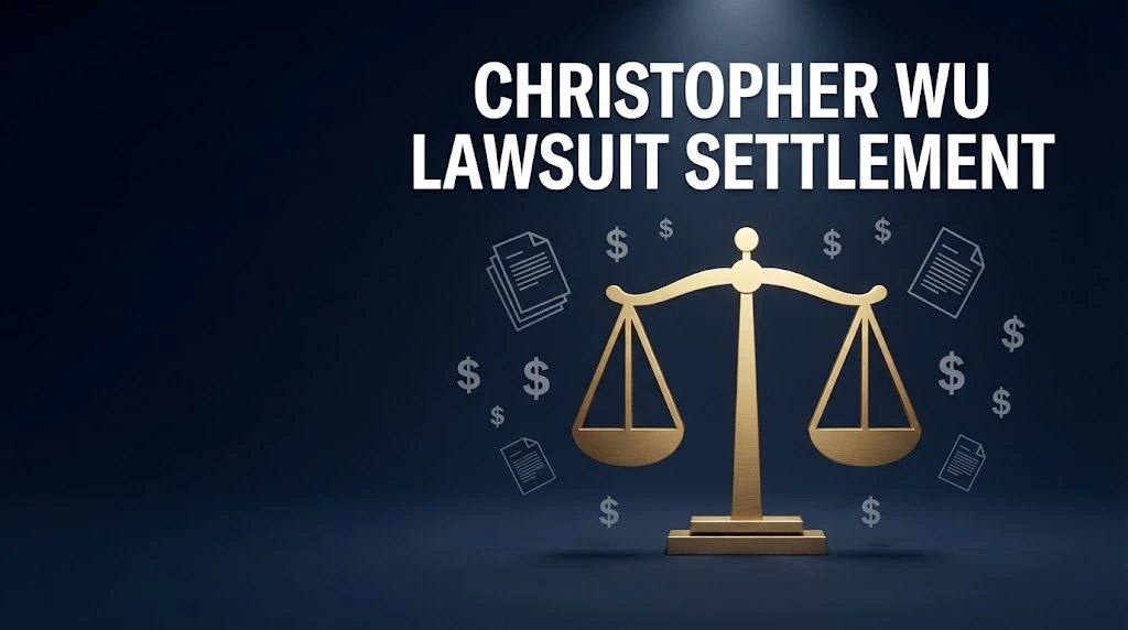 Christopher Wu Lawsuit settlement graphic with balance scale and document icons in navy and gold