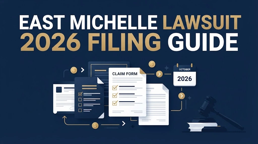 East Michelle lawsuit 2026 filing guide graphic with legal documents and calendar deadline icon