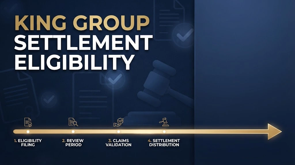 King Group settlement eligibility infographic with navy and gold legal document design