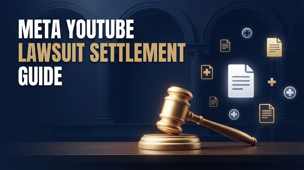 Meta YouTube Lawsuit settlement guide graphic with abstract courtroom scene and legal document icons in navy and gold