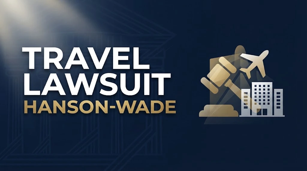Travel lawsuit hanson-wade hero banner with gavel and airplane icons on navy background