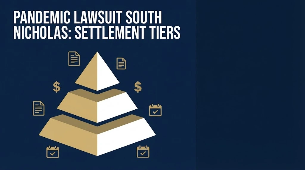Pandemic lawsuit south nicholas settlement tiers graphic with gold bar chart and document icons on navy background