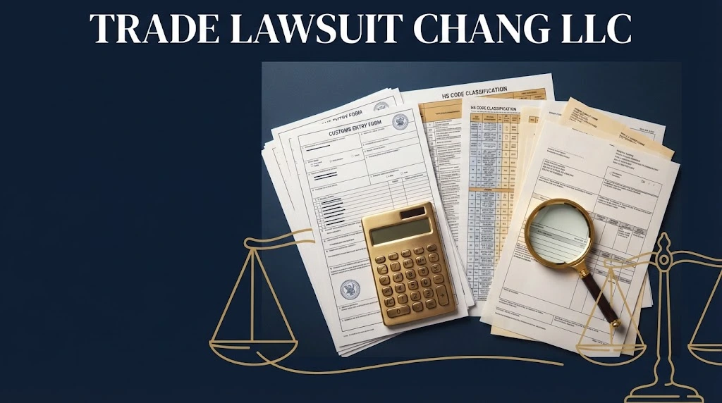 trade lawsuit chang llc supporting graphic with customs documents and tariff charts in navy and gold