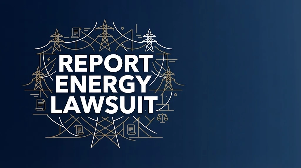 Report energy lawsuit hero banner with legal and energy grid graphics on navy background