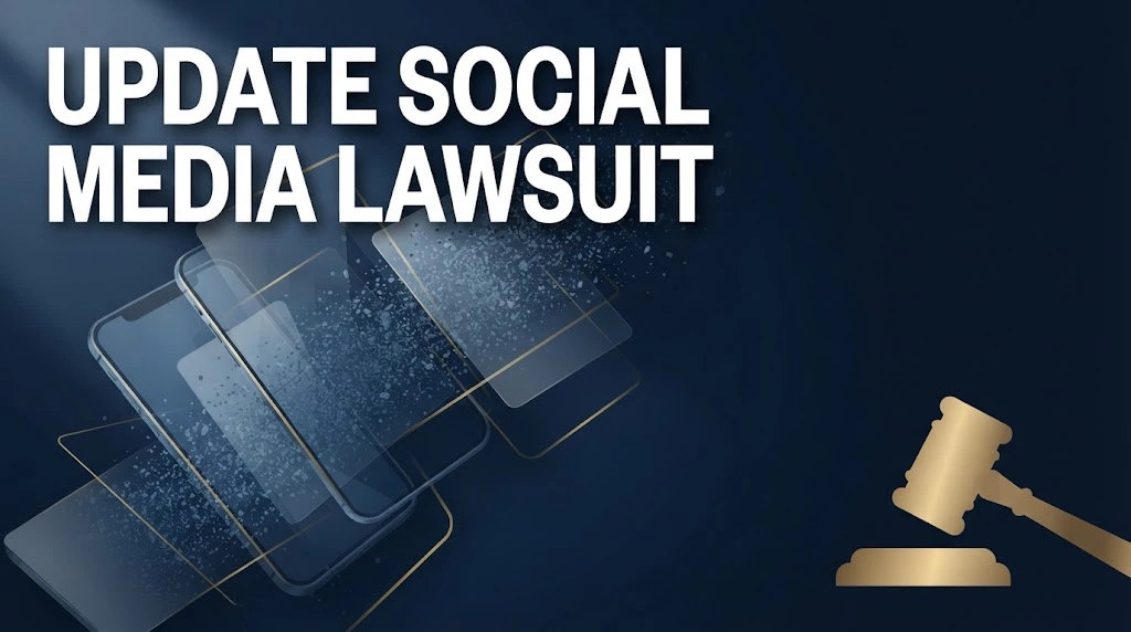 Editorial banner with bold text reading Update Social Media Lawsuit over abstract smartphone screens and gold gavel on navy background