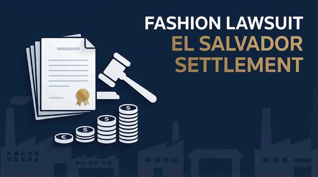 Infographic titled Fashion Lawsuit El Salvador Settlement showing document icons, gavel, and payout coin stacks.