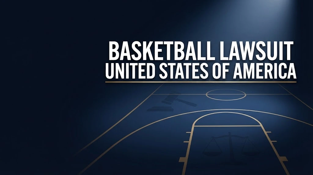Basketball Lawsuit United States of America hero banner with navy court and gold legal symbols